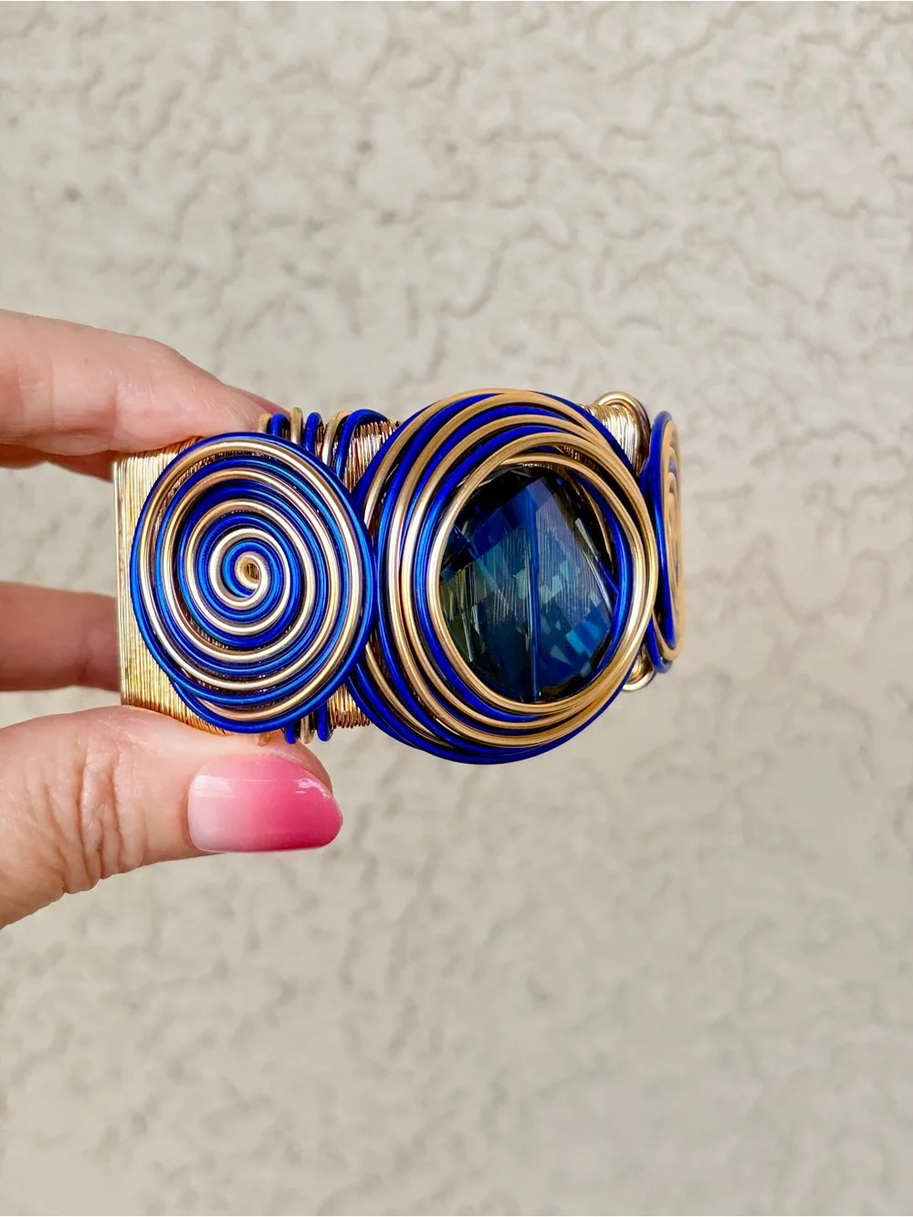 Sparkling Blue and Gold Wire Wrapped Cuff Bracelet